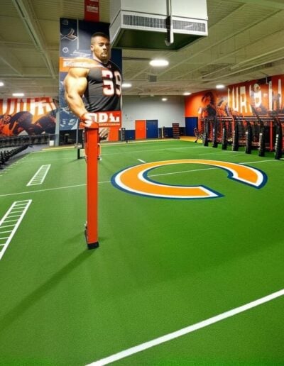 Athletic training facility featuring vibrant green turf, agility training area with markings, and a large graphic of a muscular athlete, emphasizing performance and safety in sports training environments.