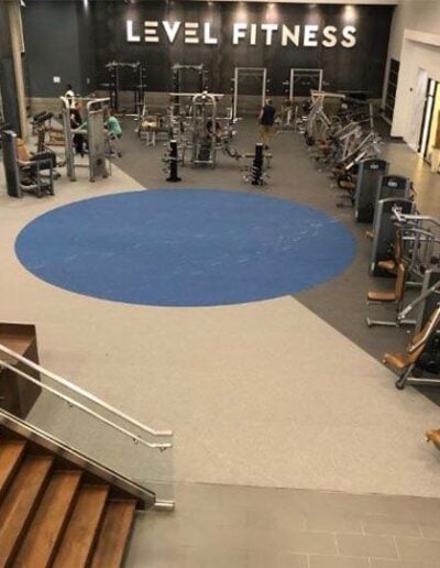 Gym interior showcasing a circular blue turf area, surrounded by various strength training equipment and machines, with "LEVEL FITNESS" sign prominently displayed in the background.