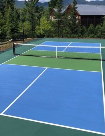 Pickleball court featuring blue and green surfacing, surrounded by trees and a residential backdrop, designed for optimal performance and aesthetics.