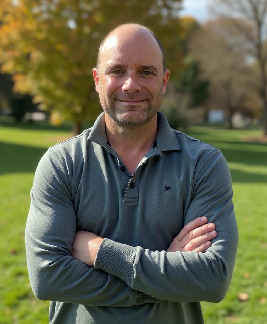 Justin Perreault, Sales professional at Sport Pro Surfacing, smiling with arms crossed in a park setting, showcasing the company's commitment to integrity and partnership in sports flooring solutions.