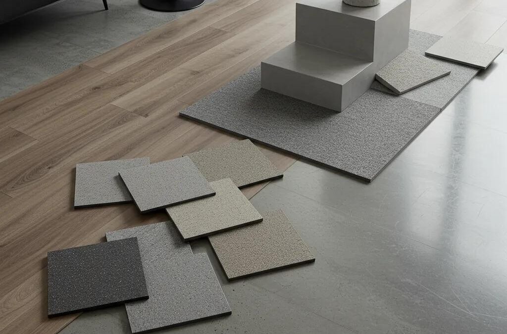 Diverse flooring samples showcasing durability and aesthetics in a modern commercial setting, featuring wood and textured tiles, with a minimalist display area.