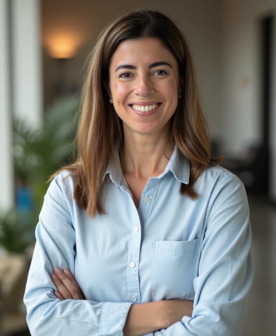 Amanda Capone, East Coast Sales Manager at Sport Pro Surfacing, smiling with arms crossed, in a professional setting.