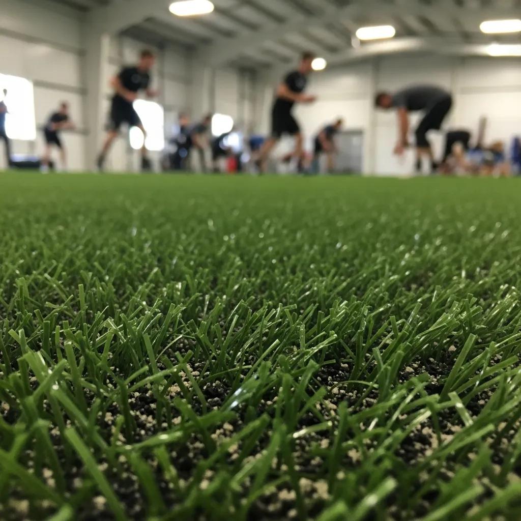 Close-up of durable synthetic turf in an indoor training facility with athletes training in the background, highlighting performance and safety benefits of artificial turf for rigorous athletic activities.