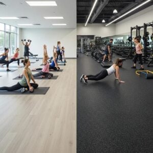 Fitness center showcasing rubber and vinyl flooring, featuring exercise areas with individuals participating in various workouts, emphasizing performance and safety in athletic spaces.