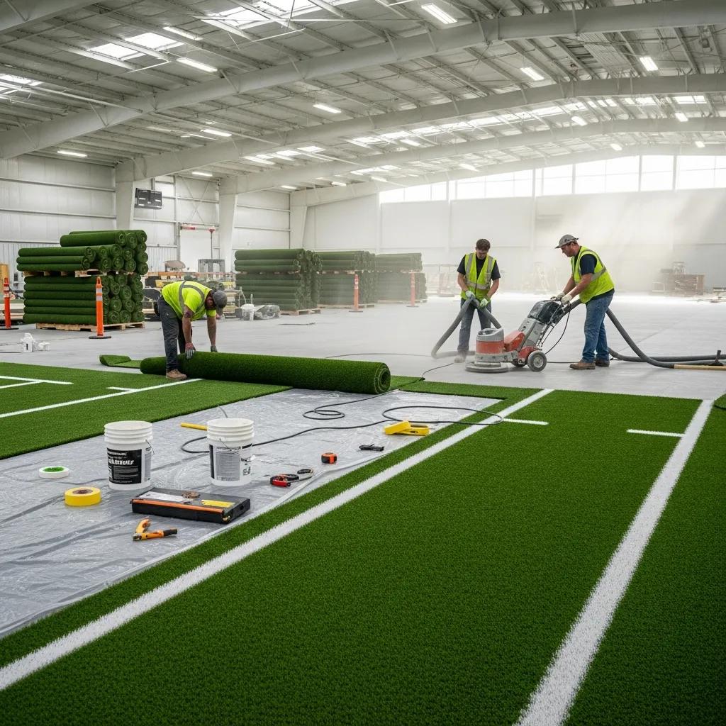 Professional installation of indoor athletic turf in a training facility, featuring workers laying turf rolls, using tools, and preparing the surface for optimal performance.