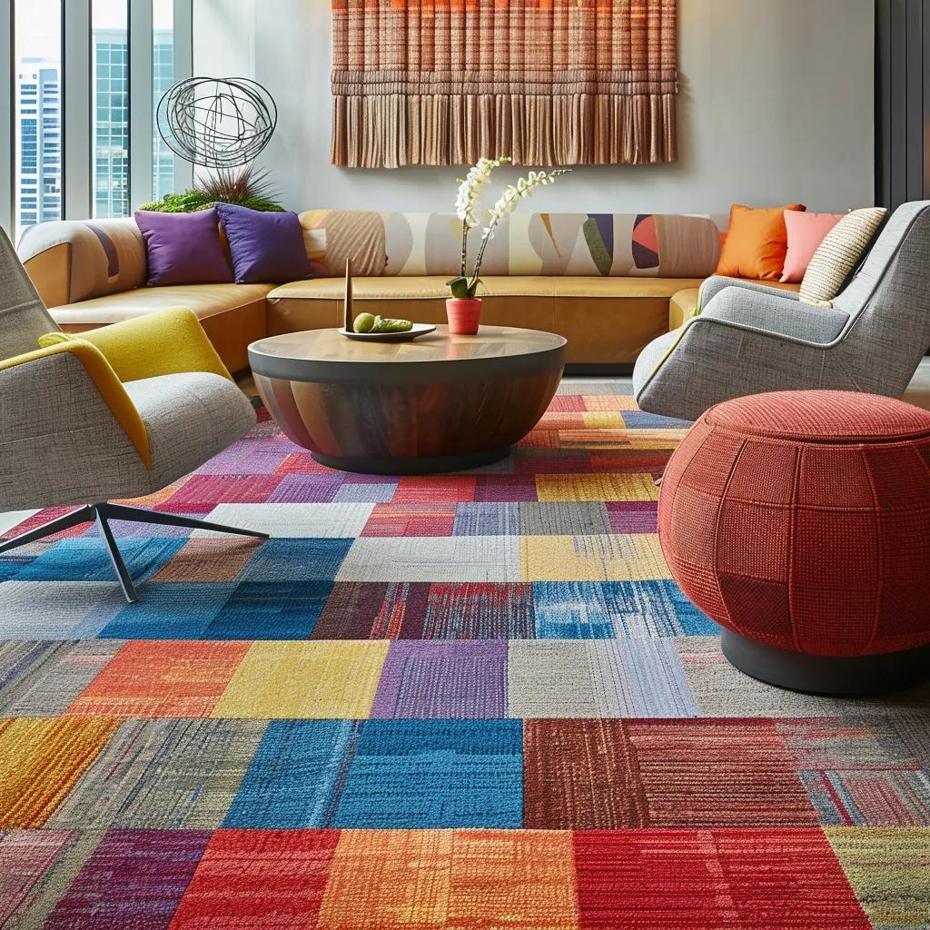 Colorful carpet tiles in a communal lounge setting, featuring a modern sofa, round coffee table, and vibrant decor elements, highlighting design customization and durability for high-traffic areas.