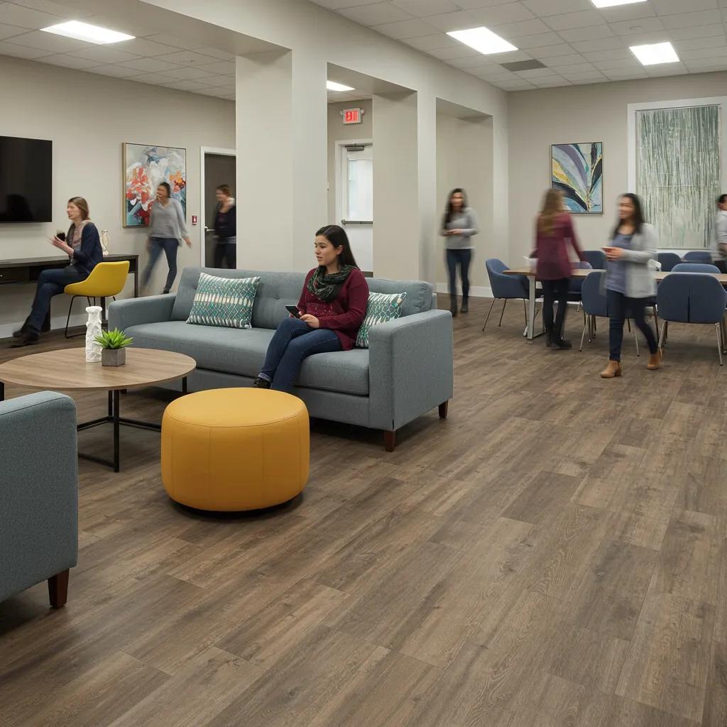 Communal lounge area featuring durable commercial vinyl flooring, with residents engaging in social activities, modern furnishings, and a warm, inviting atmosphere.