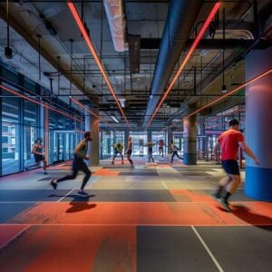 Modern sports facility featuring noise-reducing flooring with athletes in action