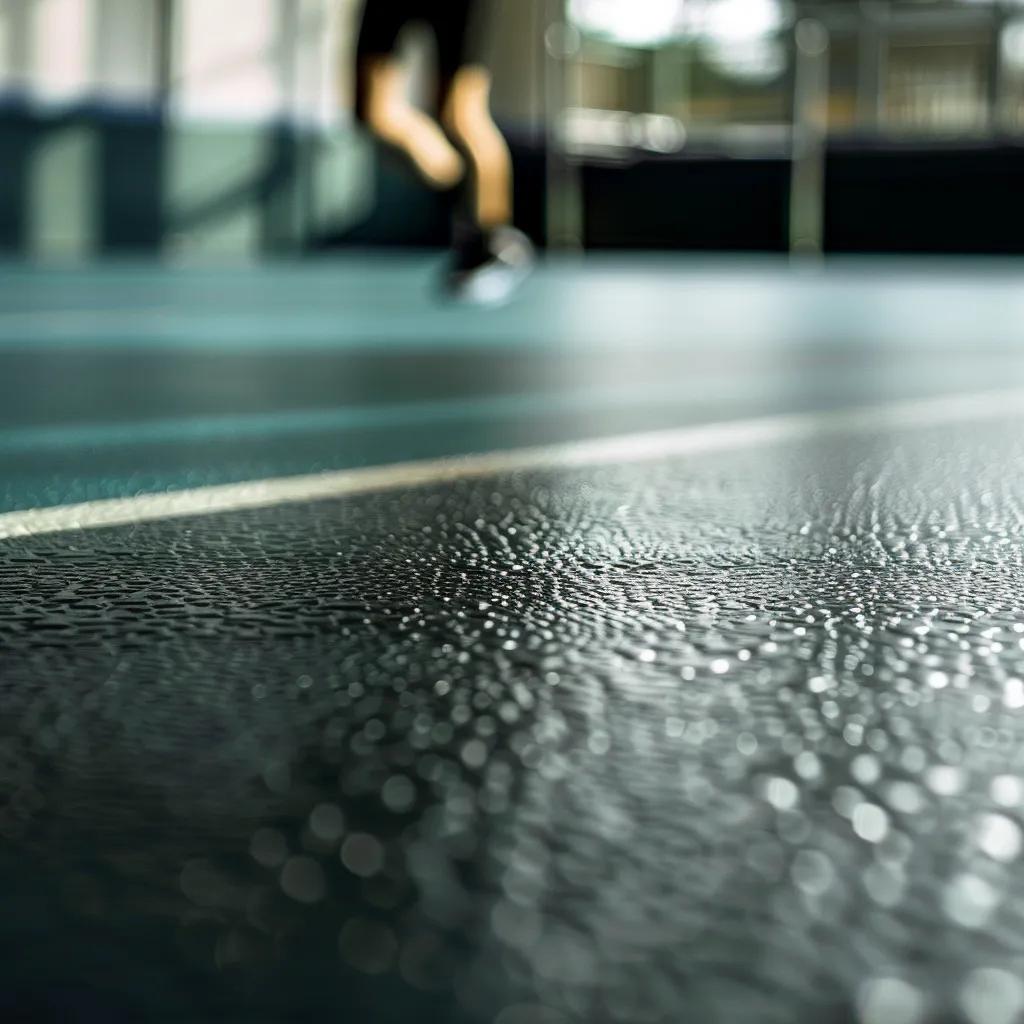 A close-up view of sports flooring highlighting its safety features, with an athlete in motion, emphasizing injury prevention.