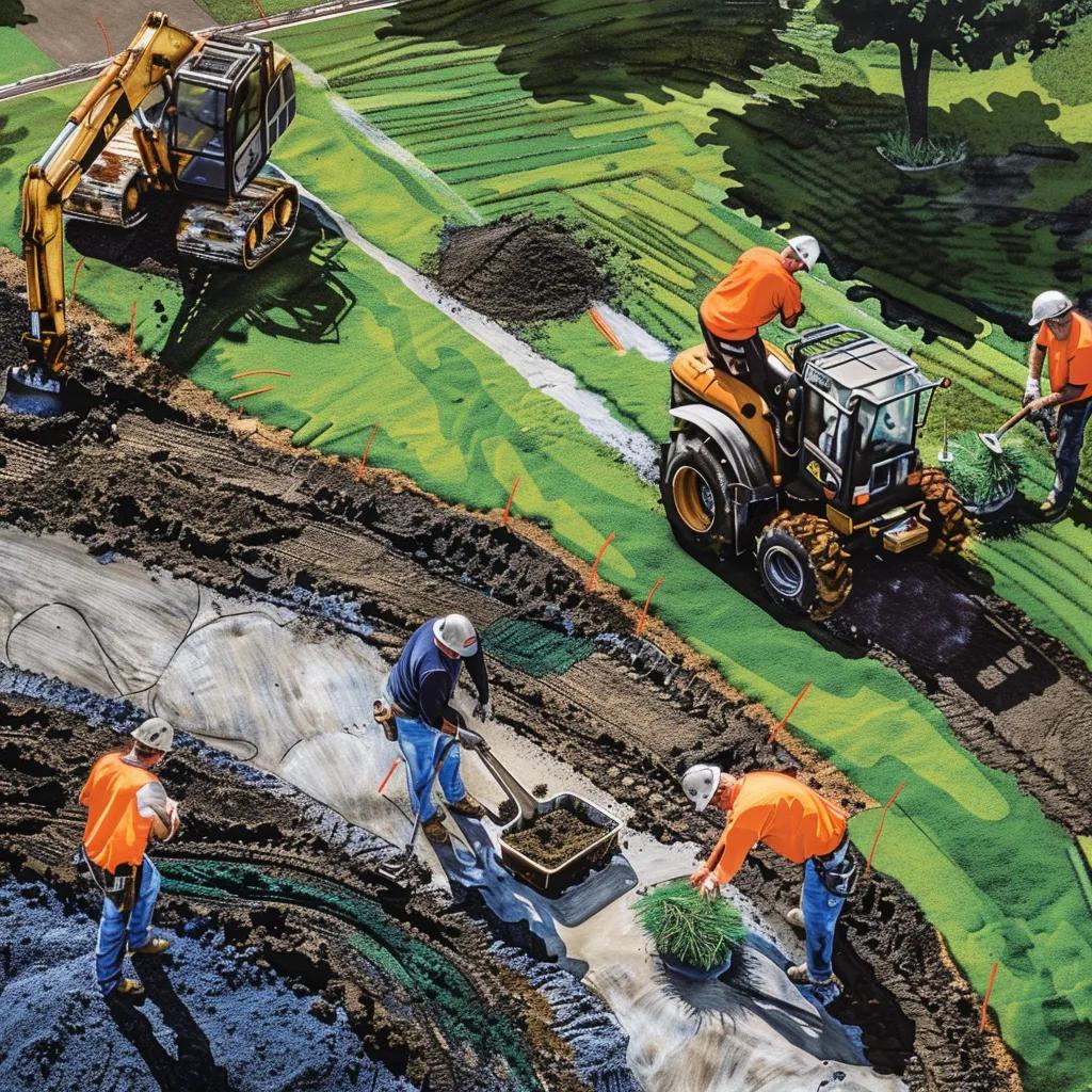 Visual depiction of the synthetic turf installation process, highlighting site preparation and turf laying stages
