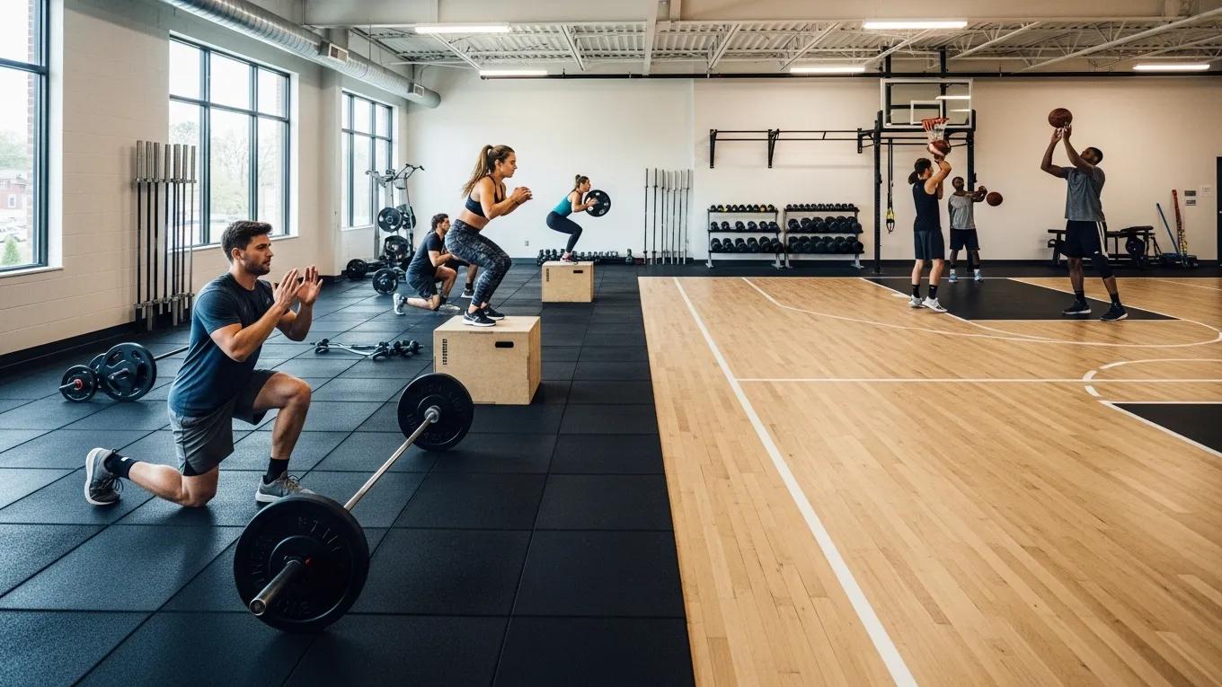 Athletes using rubber and hardwood flooring in a gym, showcasing performance and safety