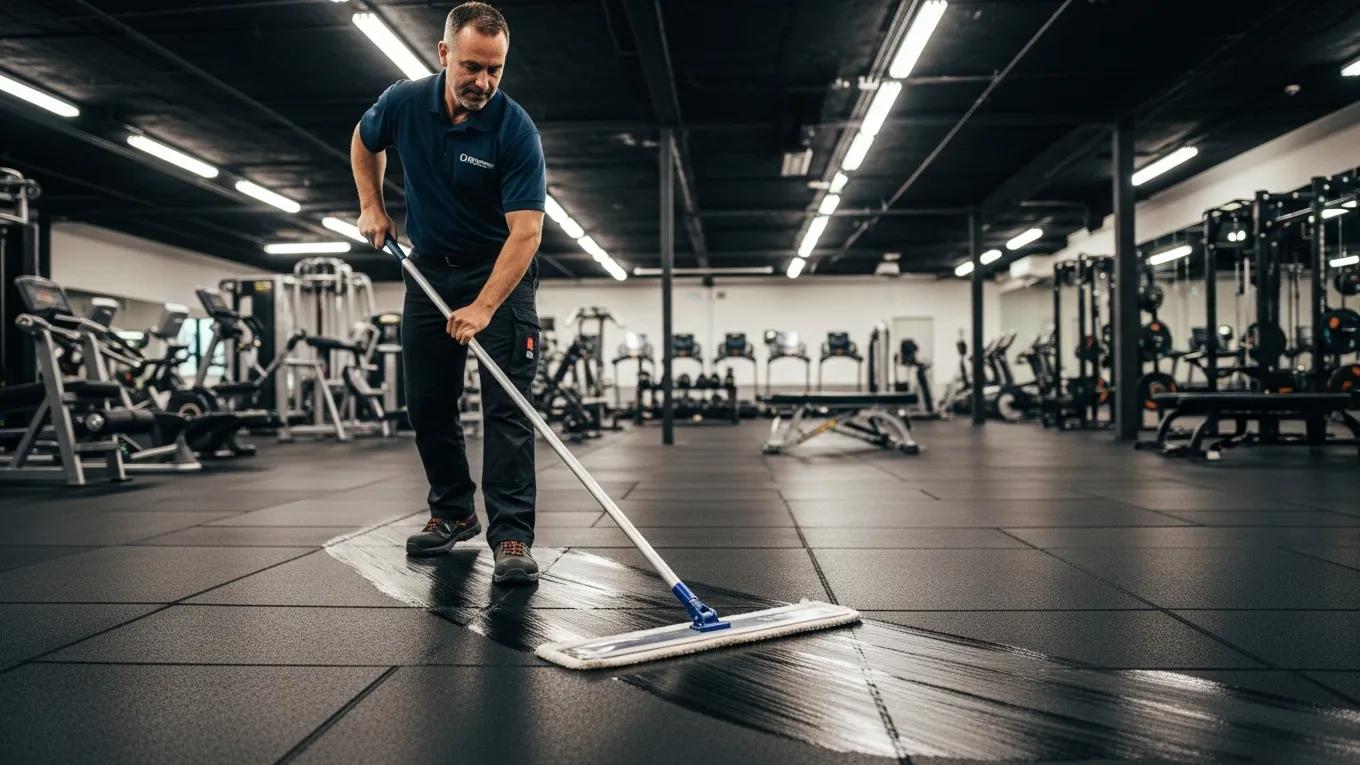 Facility manager cleaning rubber gym flooring with a microfibre mop