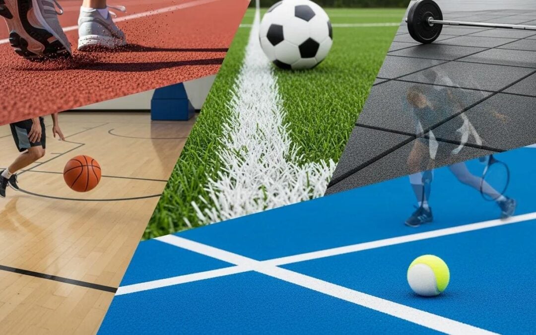 A vibrant collage showcasing various sports flooring materials, emphasizing peak performance and athlete safety.