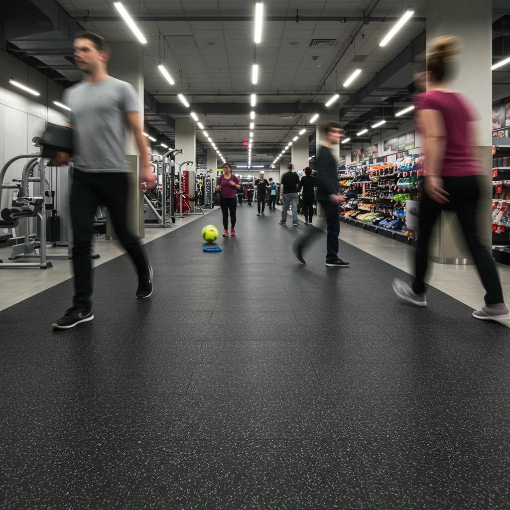 A robust commercial floor in a busy gym, demonstrating its resilience