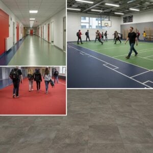Durable university flooring options including resin, rubber, and luxury vinyl tile in a vibrant campus setting
