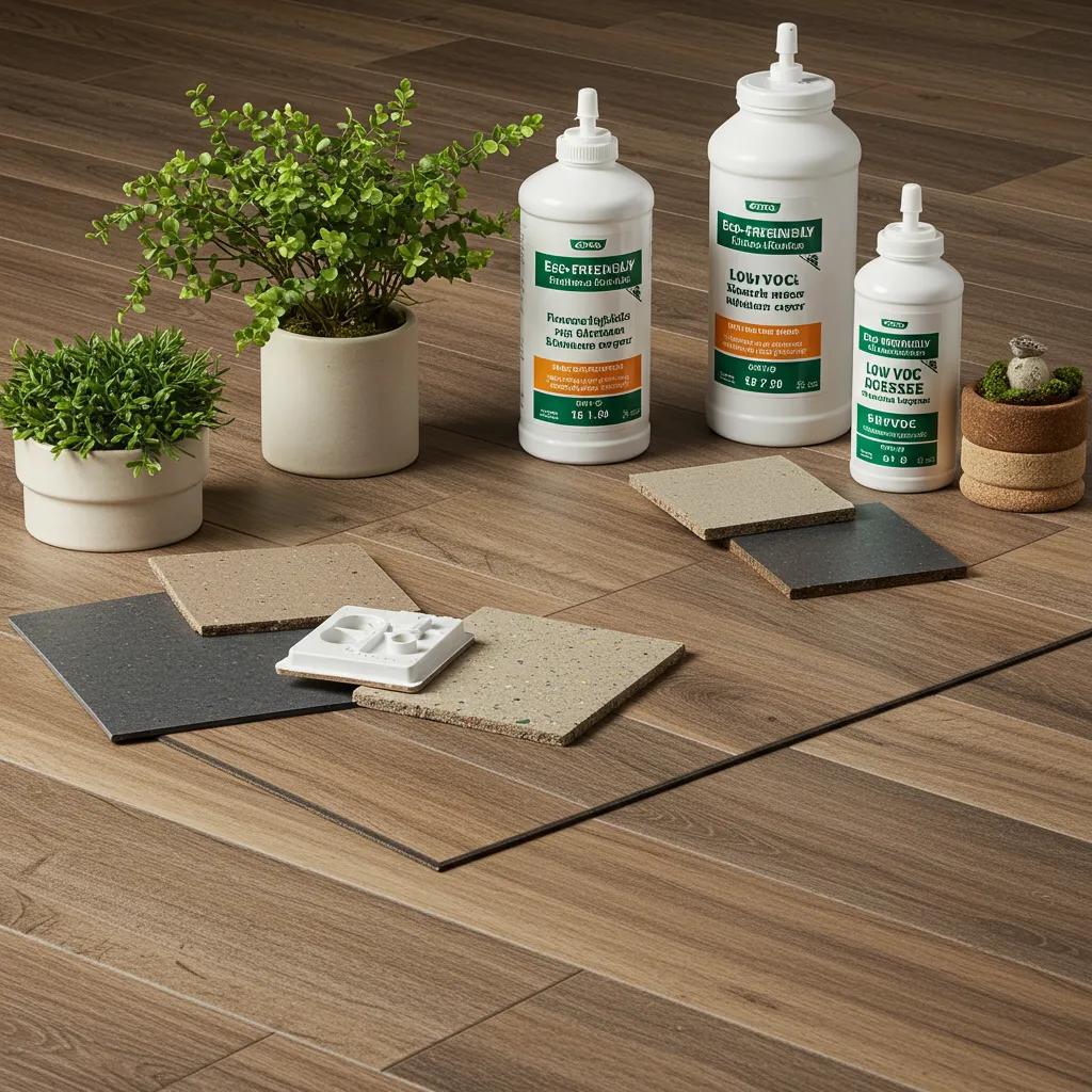 Eco-friendly flooring materials including recycled vinyl tiles and low-VOC adhesives in a natural setting
