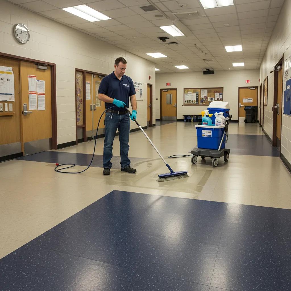 Facility manager maintaining commercial flooring in a school environment, highlighting cleaning techniques