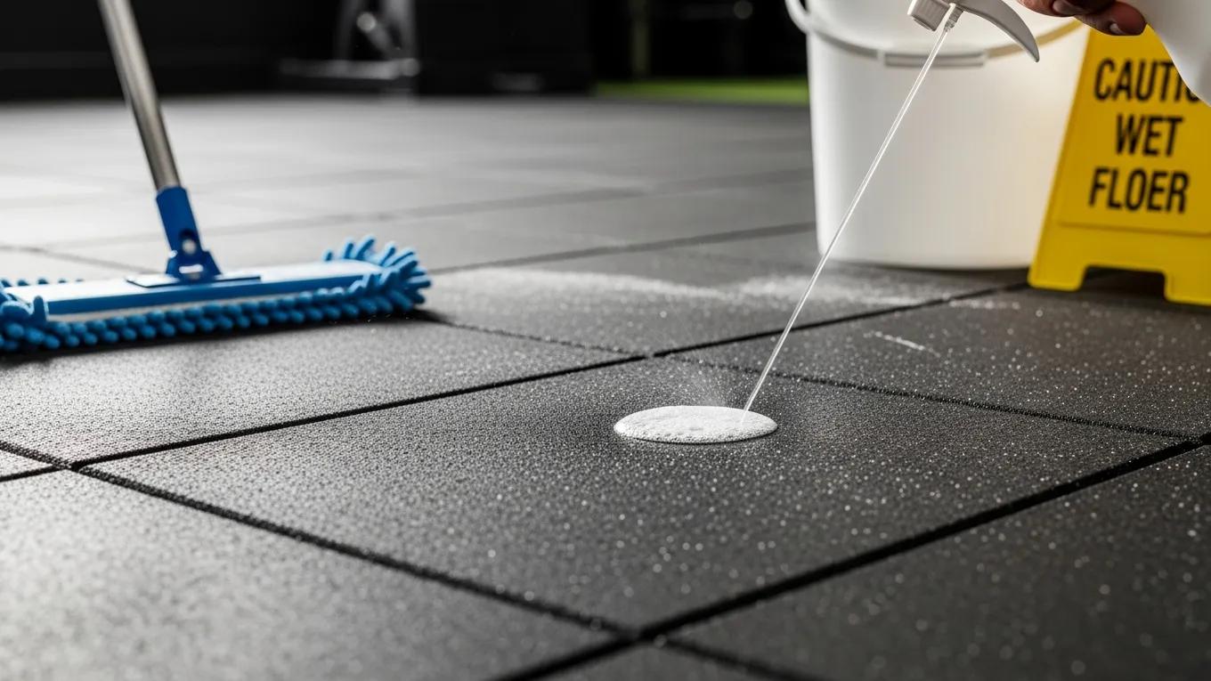 Close-up of a pH-neutral cleaning solution being carefully applied to rubber gym flooring, with essential cleaning tools within view