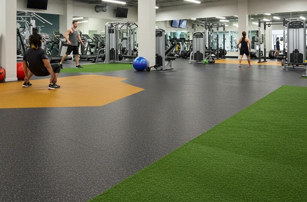 A vibrant fitness centre showcasing diverse flooring options like rubber, vinyl, and turf, with members actively engaged in workouts.