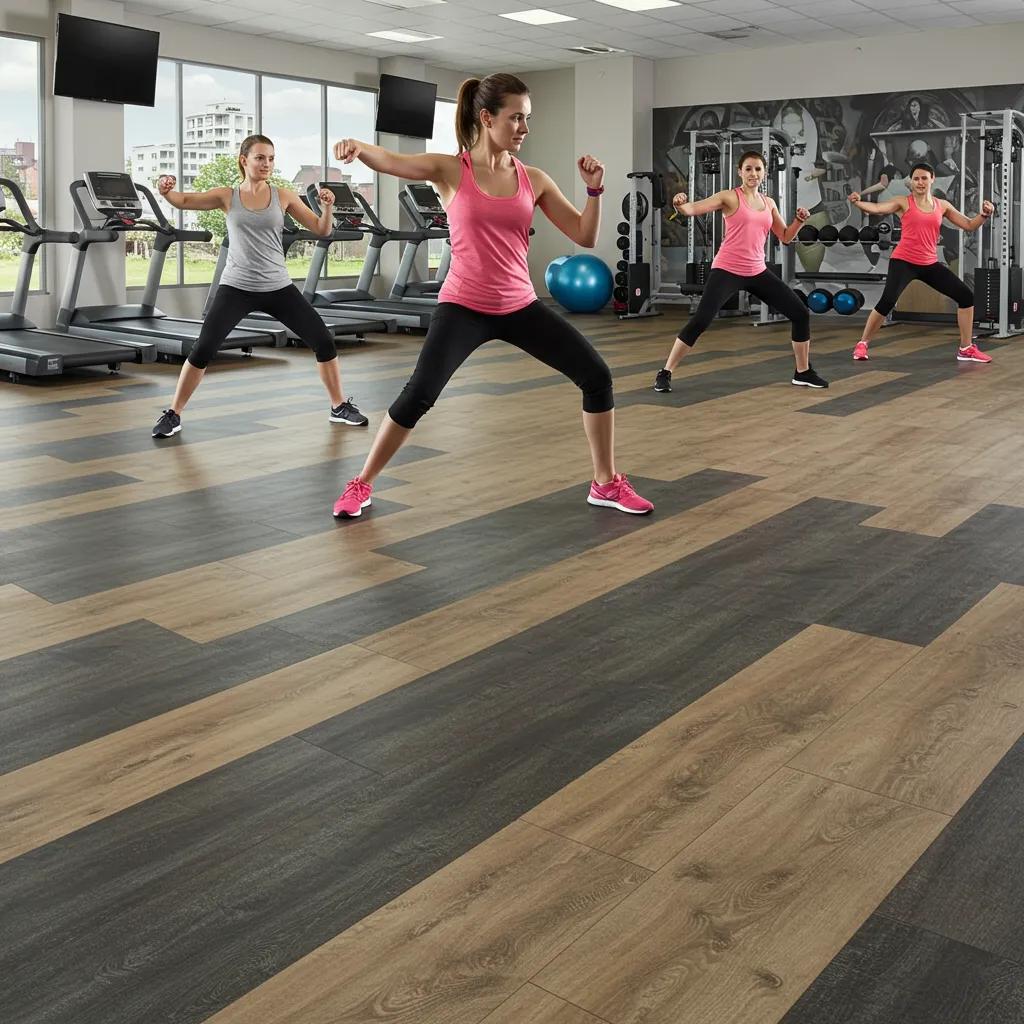 A multi-purpose gym area with stylish vinyl flooring, hosting a group fitness class, showcasing its design flexibility and ease of maintenance.