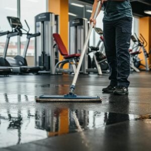 Professional cleaner meticulously mopping a vibrant rubber gym floor, emphasizing superior hygiene and long-lasting care