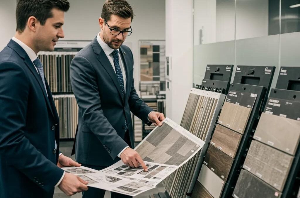 Professional flooring consultant discussing options with a client in a commercial space