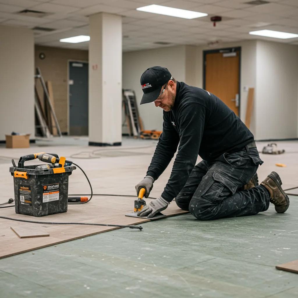 Professional installer preparing subfloor for durable university flooring installation in a clean workspace