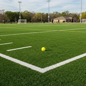 Vibrant synthetic sports turf field with athletes in action, showcasing superior performance and lasting durability