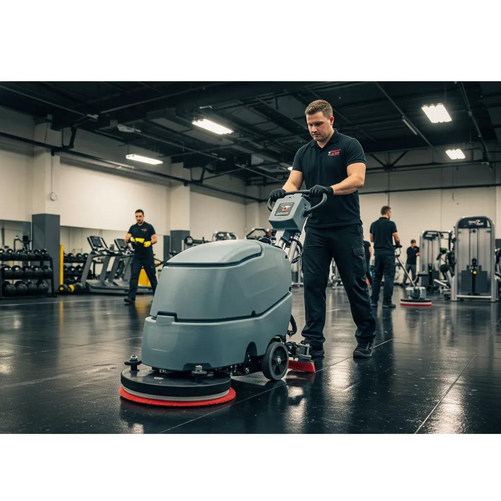 A team of skilled professionals expertly operating an industrial scrubber on a vinyl gym floor, showcasing the effectiveness of professional cleaning services