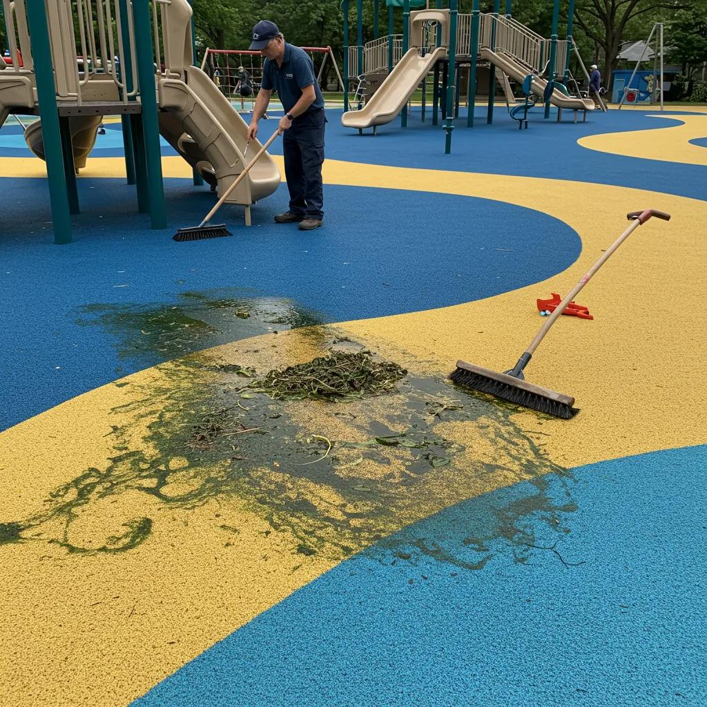 Technician maintaining wet pour and rubber mulch playground surfaces