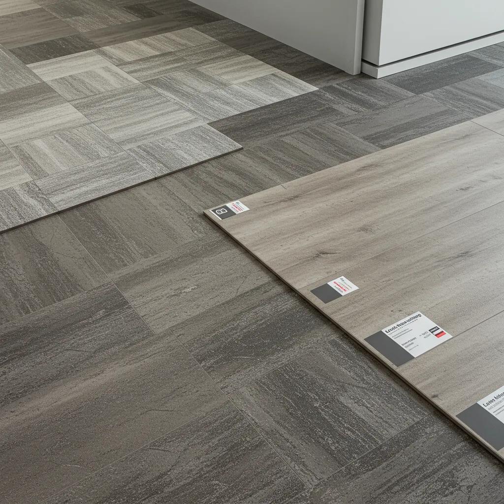 Variety of commercial flooring solutions displayed in a modern office environment