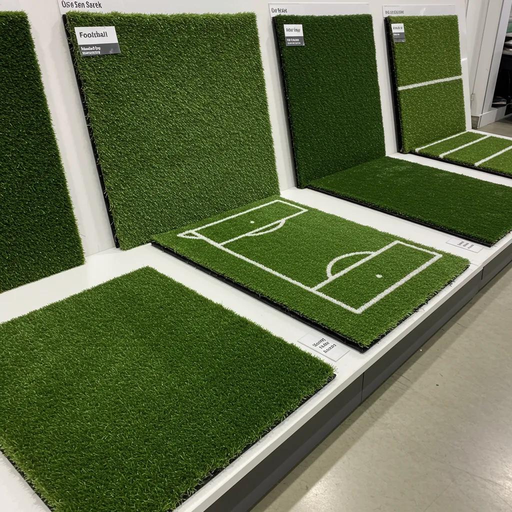 A selection of synthetic turf samples displaying varied textures and pile heights suitable for diverse sports applications