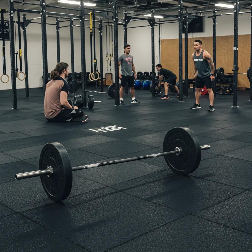 A weightlifting area featuring athletes on high-density rubber flooring, demonstrating its exceptional durability and shock-absorbing capabilities.