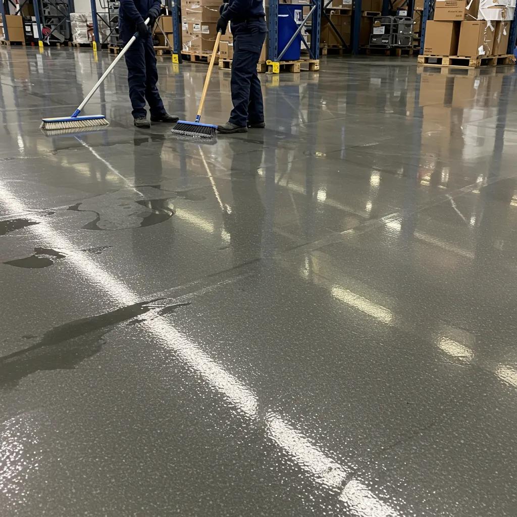 Close-up of seamless epoxy flooring showing its glossy finish and anti-slip texture