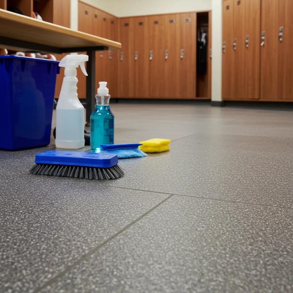 Close-up of seamless locker room flooring, emphasizing smooth surface and ease of cleaning