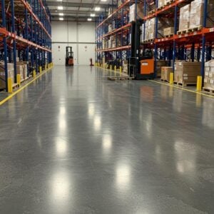 Tough epoxy flooring in a modern warehouse with forklifts and pallets in operation