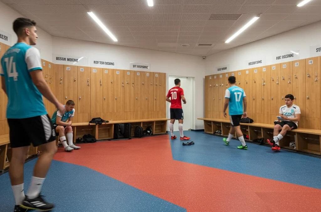 Modern locker room with hygienic flooring showcasing athletes, emphasizing cleanliness and durability