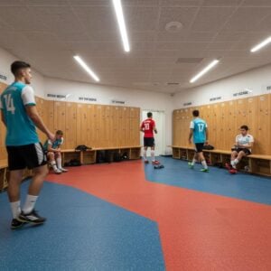 Modern locker room with hygienic flooring showcasing athletes, emphasizing cleanliness and durability