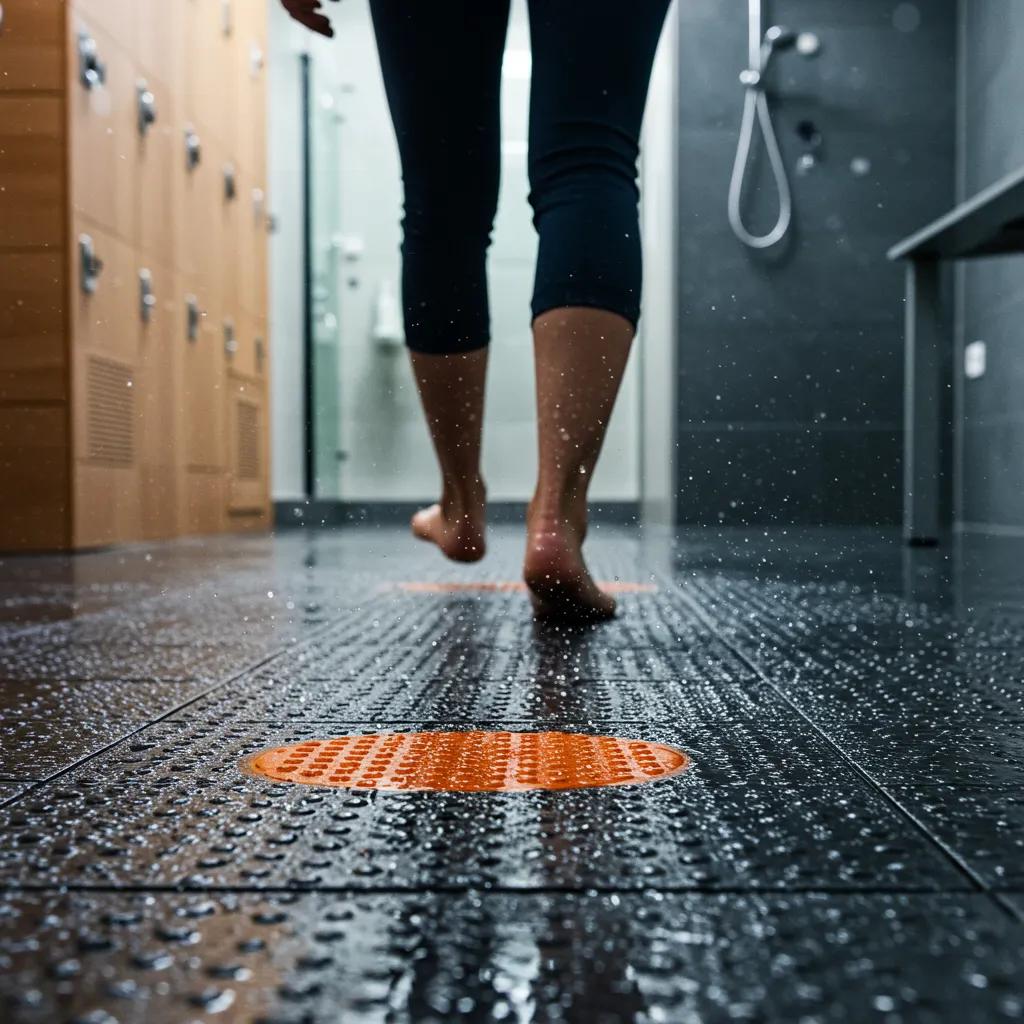 Person walking on anti-slip flooring in a wet locker room, highlighting safety features and textured surface
