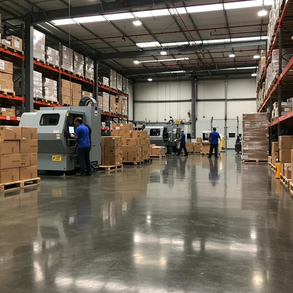 Polished concrete warehouse floor with workers and machinery in action