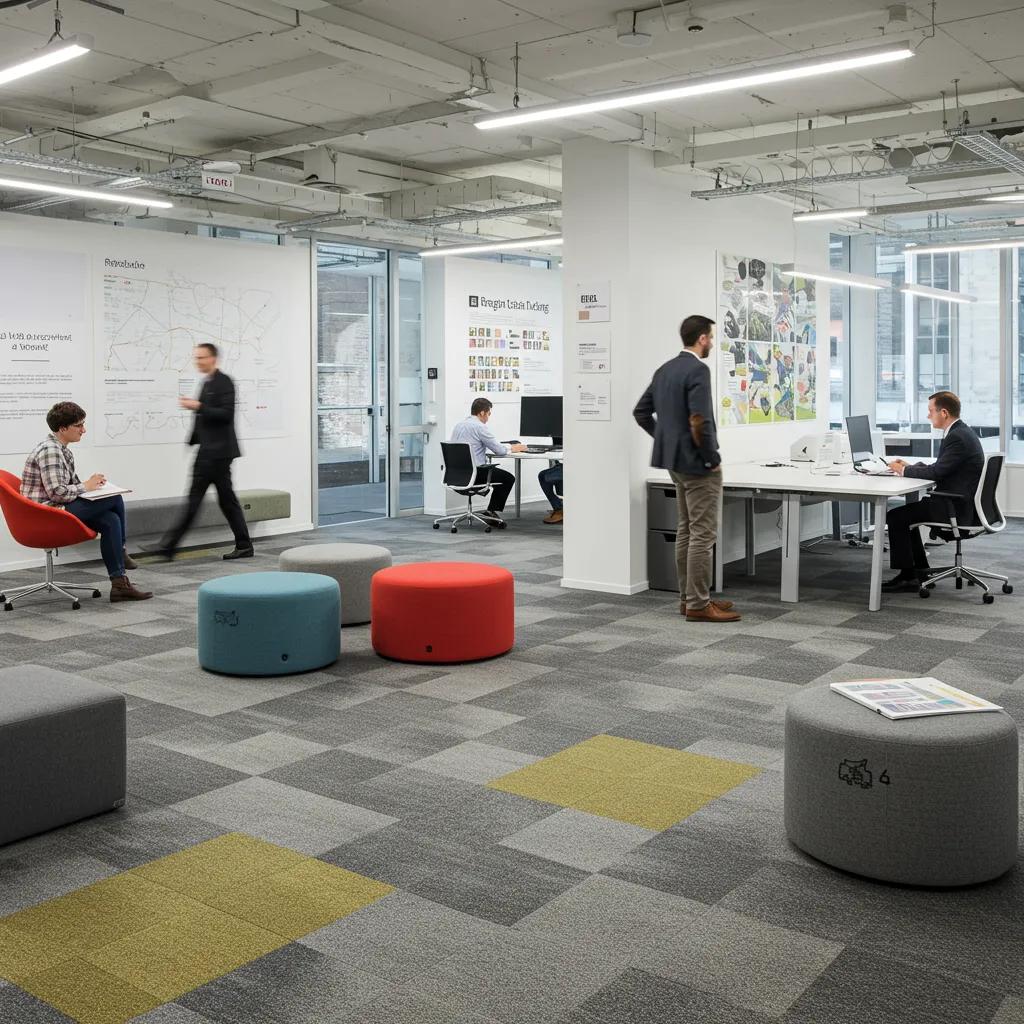 Recycled content carpet tiles in a vibrant office environment, highlighting sustainability